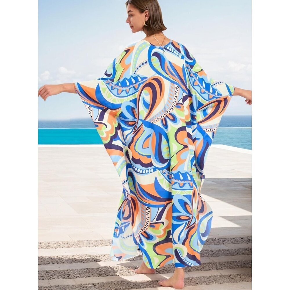 Women Blue Green Abstract Vneck Batwing Sleeve Flowy Split Bohemian Kaftan Dress - Picture 3 of 6